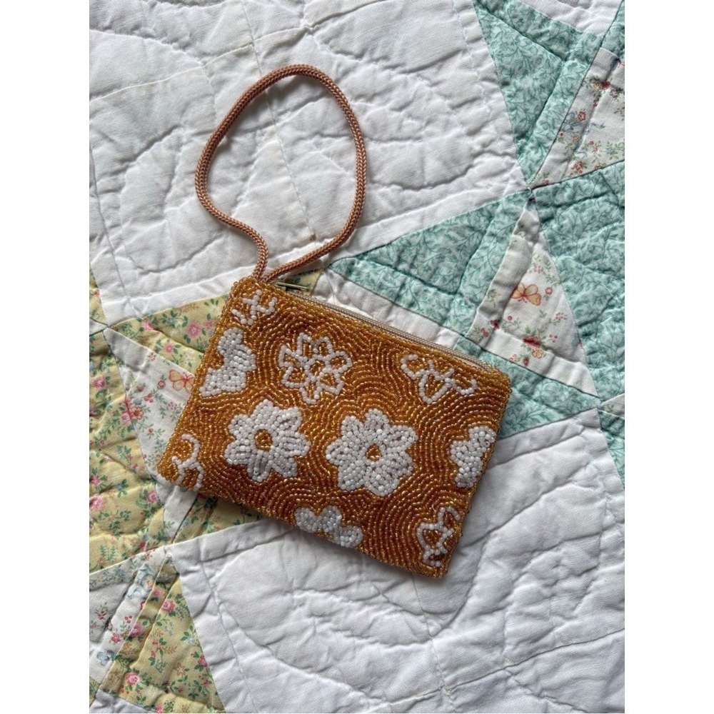 Beaded Floral Wristlet Bag Coin Purse Pouch Mustard Yellow White Cottagecore